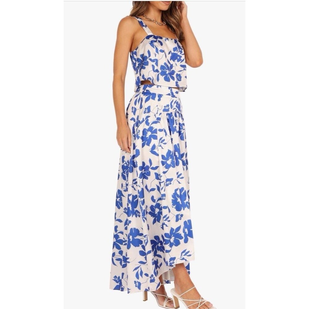 Petal & Pup Lulu Blue Floral Print Two Piece Crop Top High Low Maxi Skirt Set